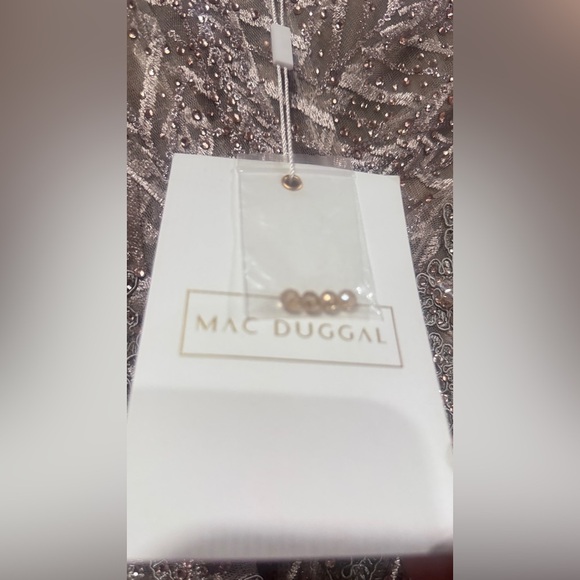 Mac Duggal Beige/Taupe Embellished Illusion Long Sleeve Wrap Over A Line Gown - Picture 10 of 12